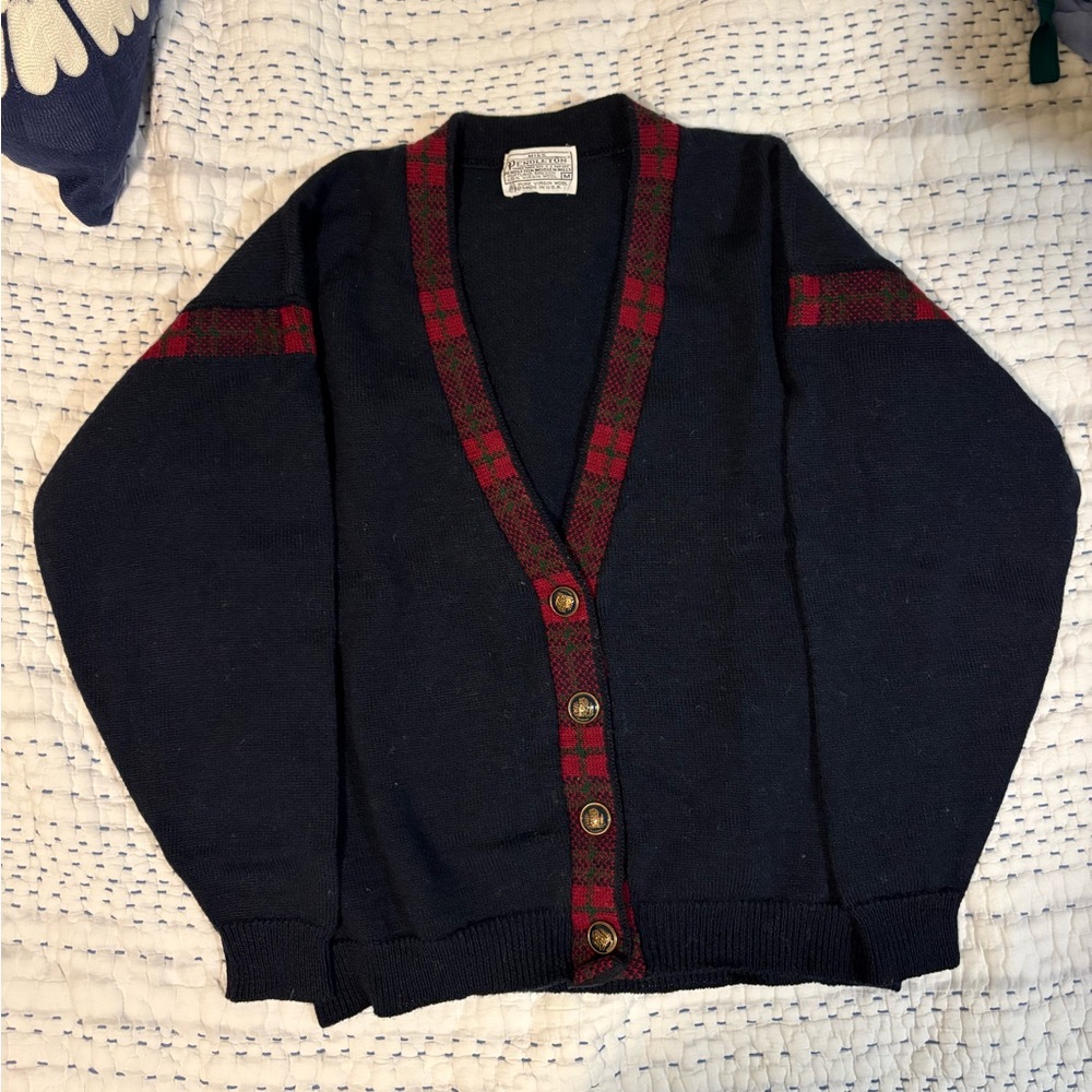 Miss Pendleton Vintage Navy Blue Wool Cardigan with red plaid lining + buttons
